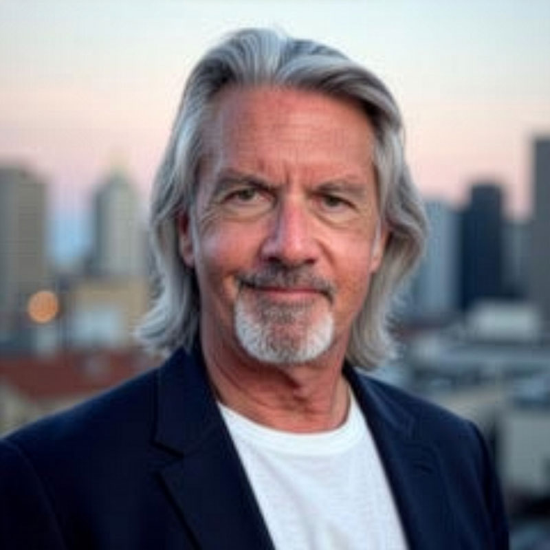 Headshot of Paul Townsend wearing a white shirt with a black blazer in front of a blurred Nevada city skyline